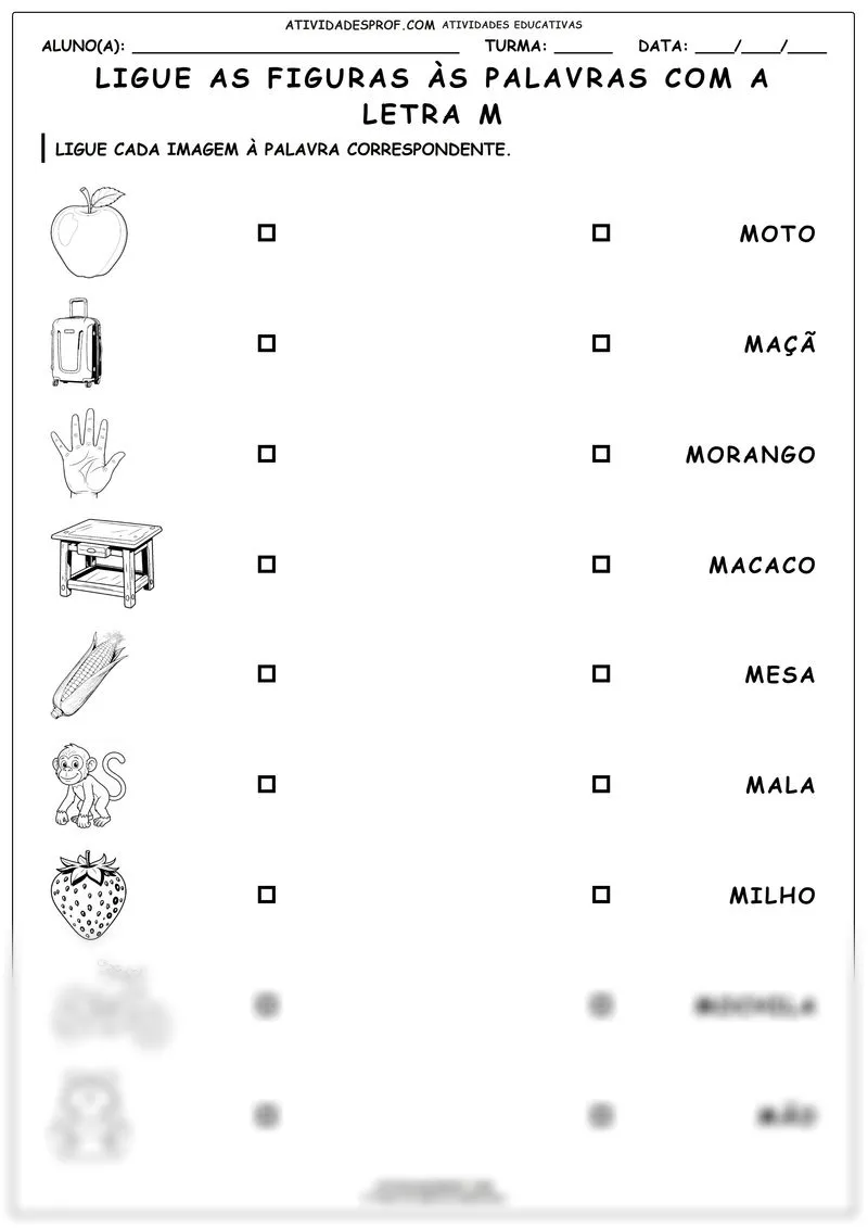 Ligue as figuras às palavras com a letra M