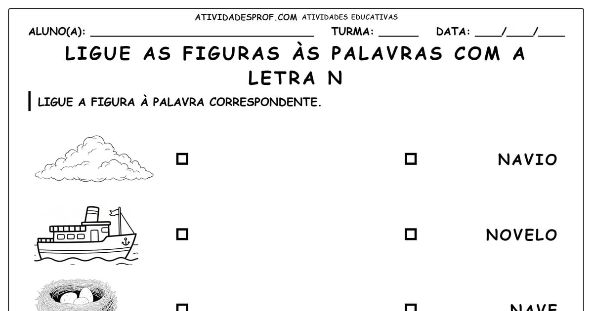 Ligue as figuras às palavras com a letra N