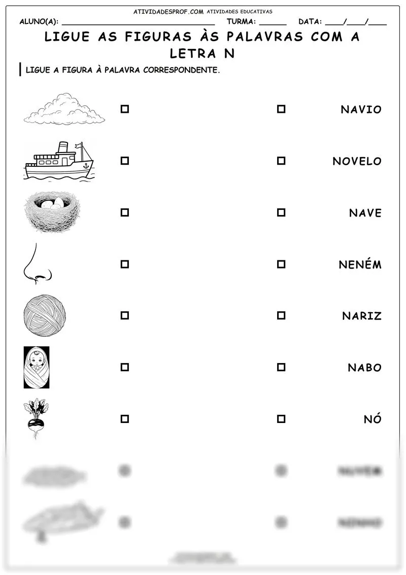 Ligue as figuras às palavras com a letra N