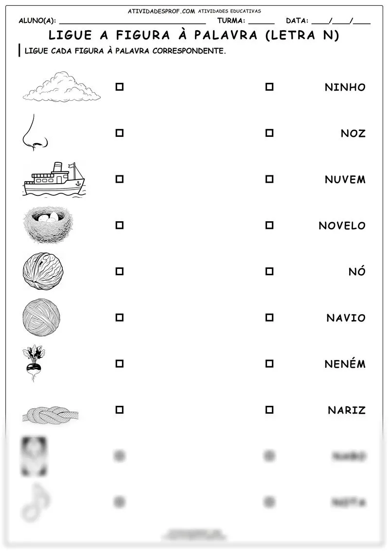 Ligue a figura à palavra (letra N)
