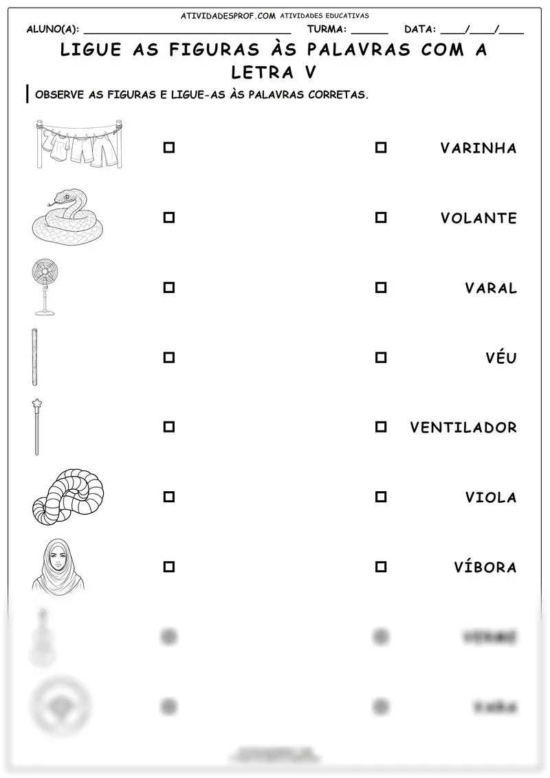 Ligue as figuras às palavras com a letra V
