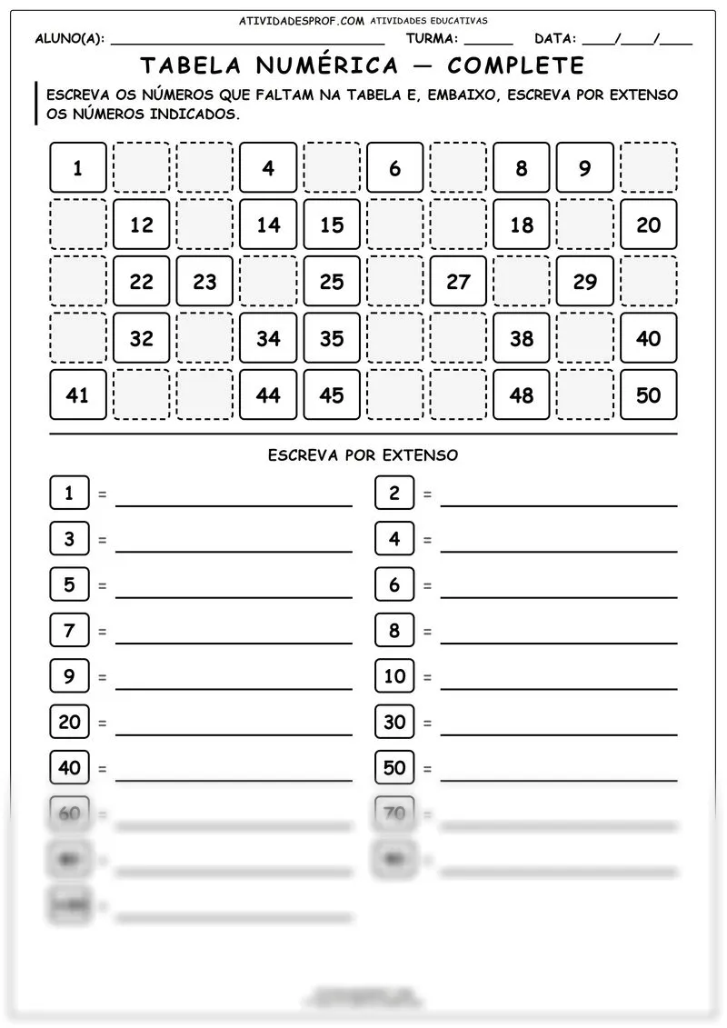 Tabela numérica — complete