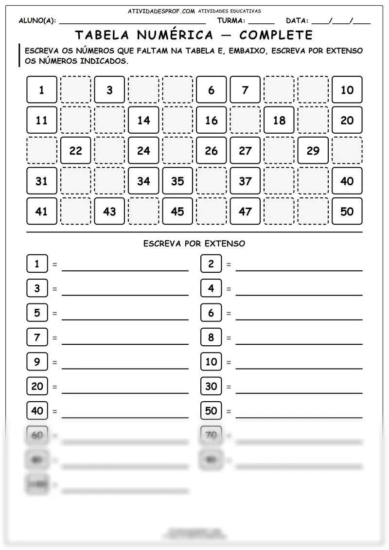 Tabela numérica — complete