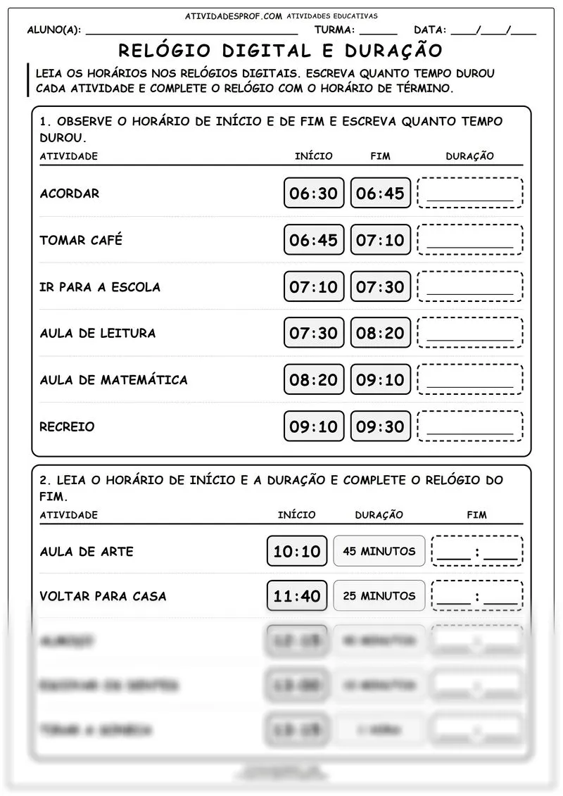 Relógio digital e duração
