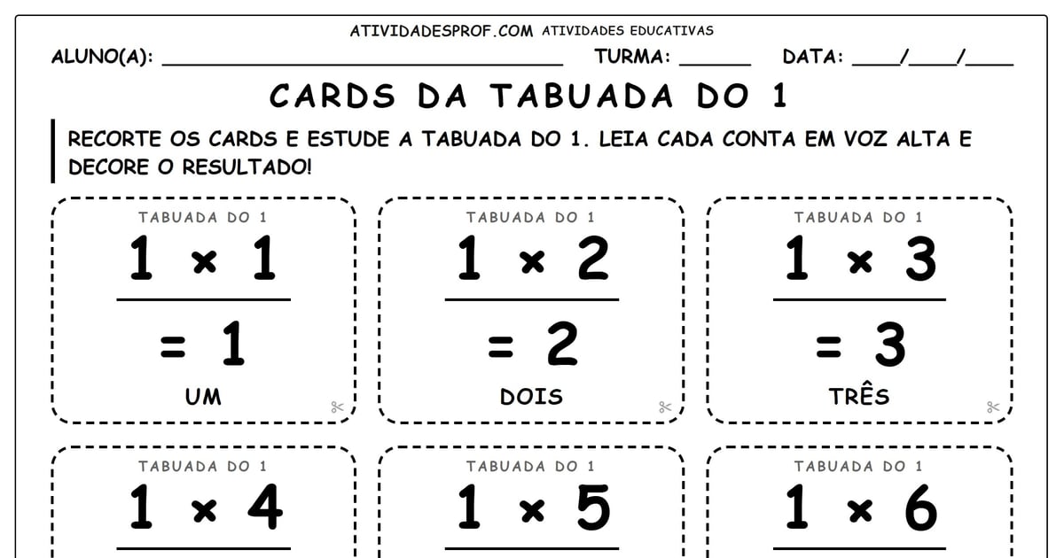 Cards da tabuada do 1