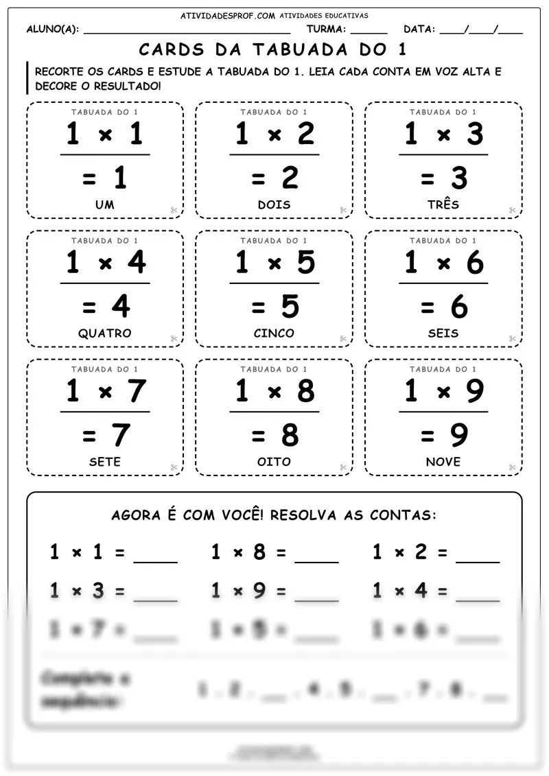 Cards da tabuada do 1