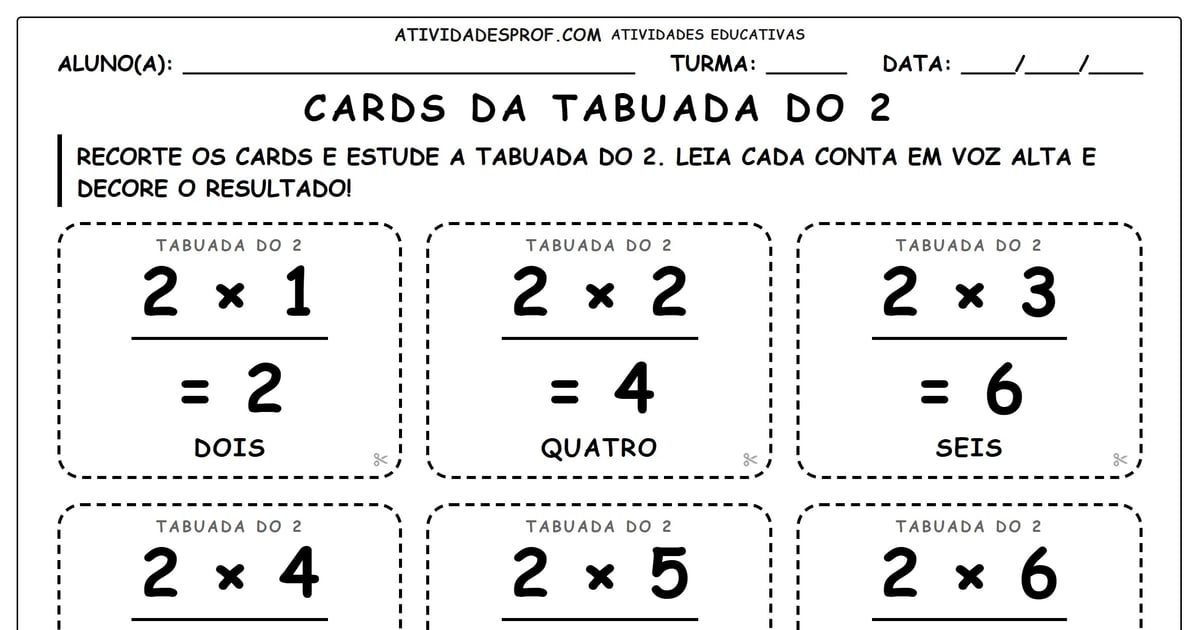 Cards da tabuada do 2