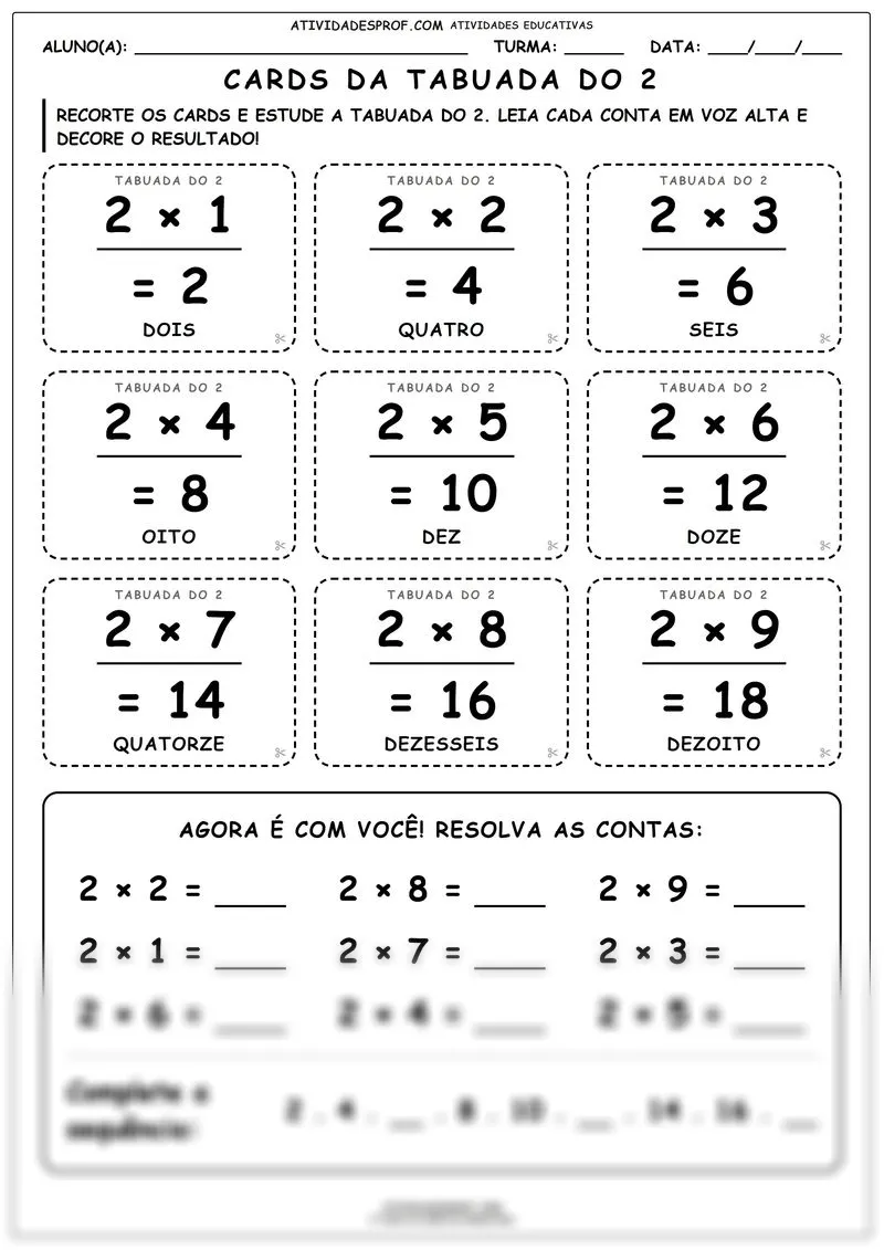 Cards da tabuada do 2