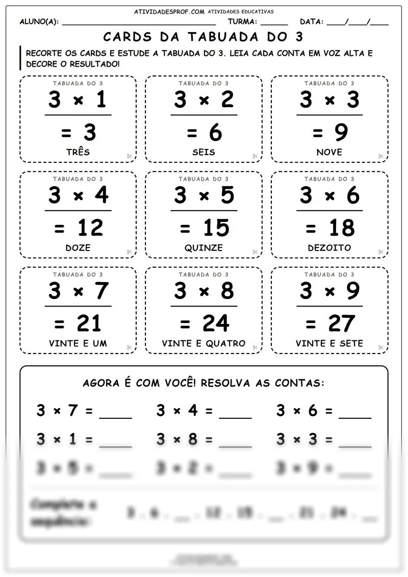 Cards da tabuada do 3