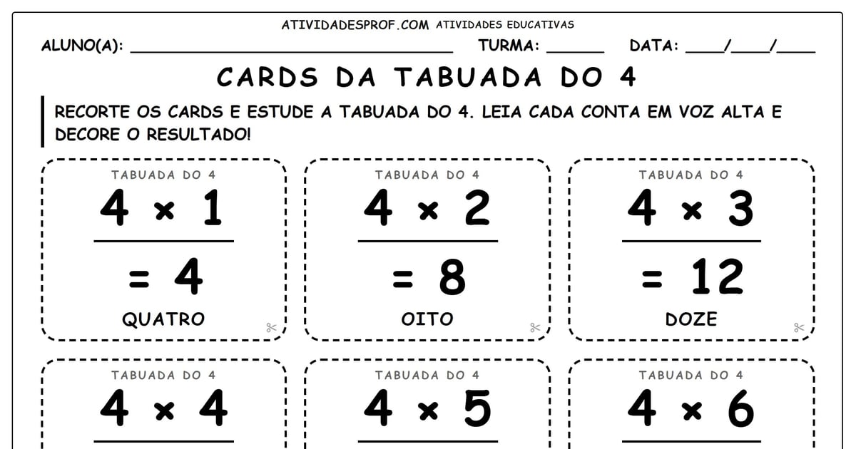 Cards da tabuada do 4