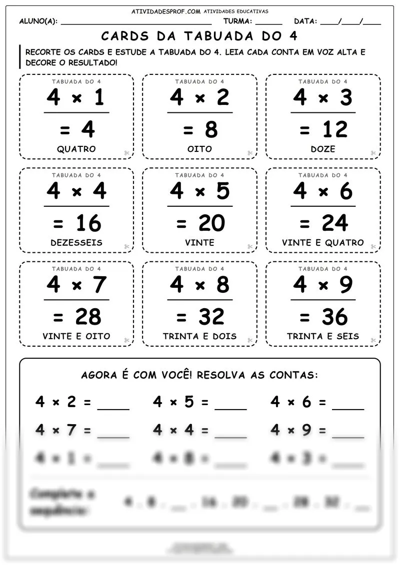 Cards da tabuada do 4
