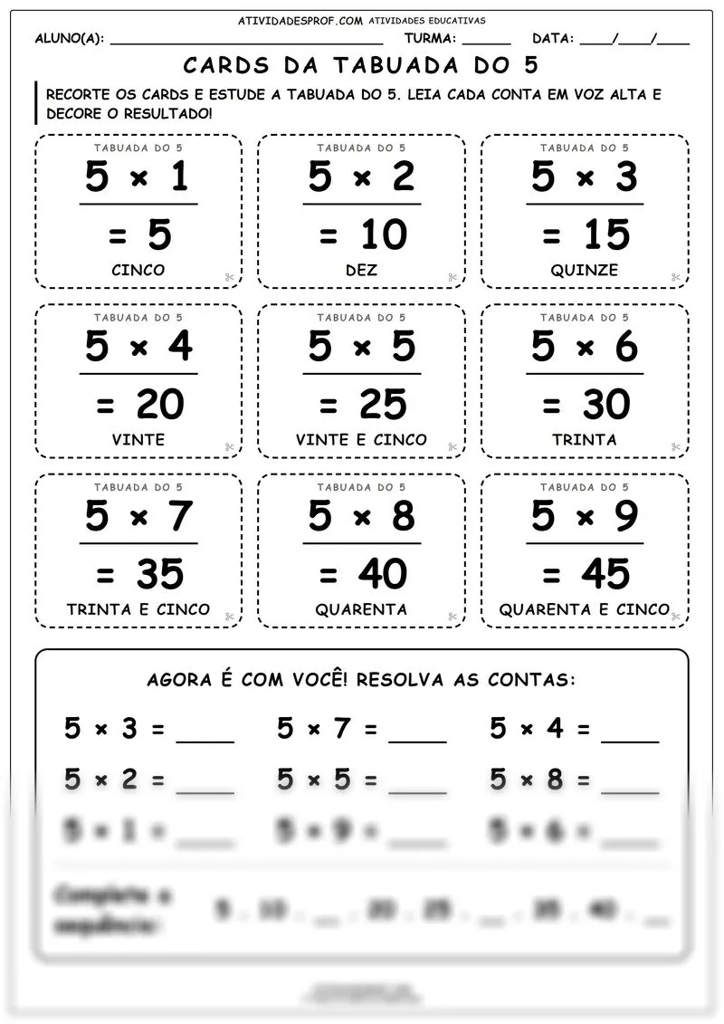 Cards da tabuada do 5
