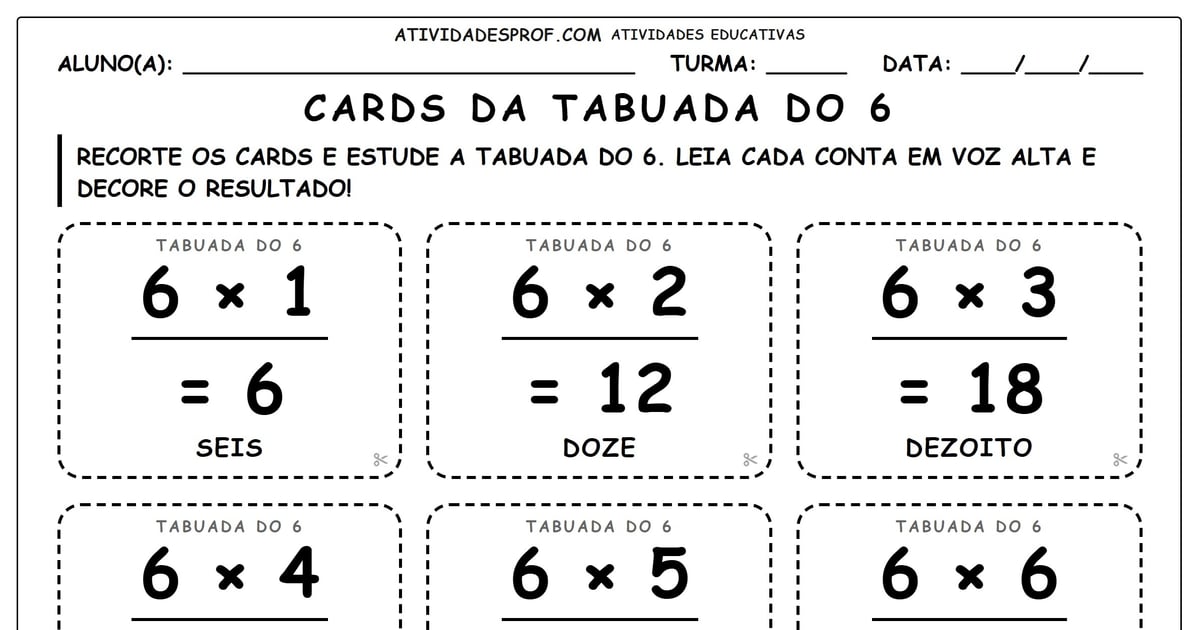 Cards da tabuada do 6