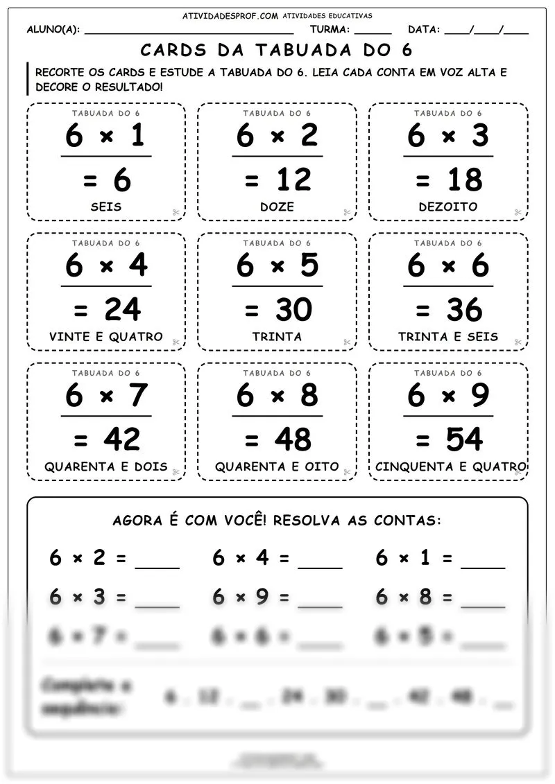 Cards da tabuada do 6