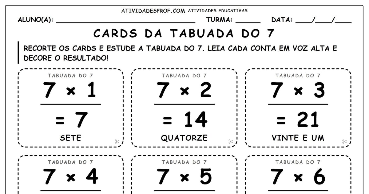 Cards da tabuada do 7