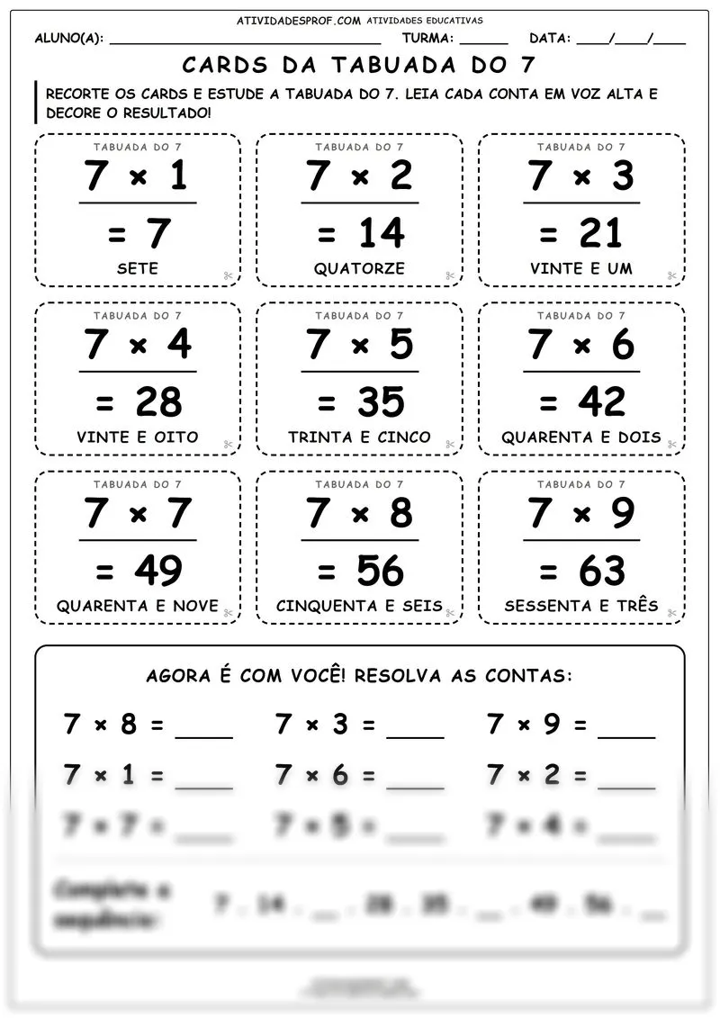 Cards da tabuada do 7