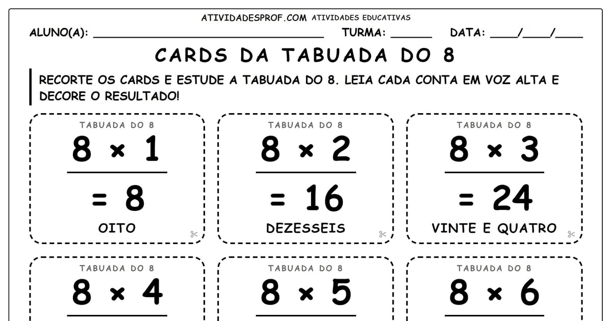Cards da tabuada do 8