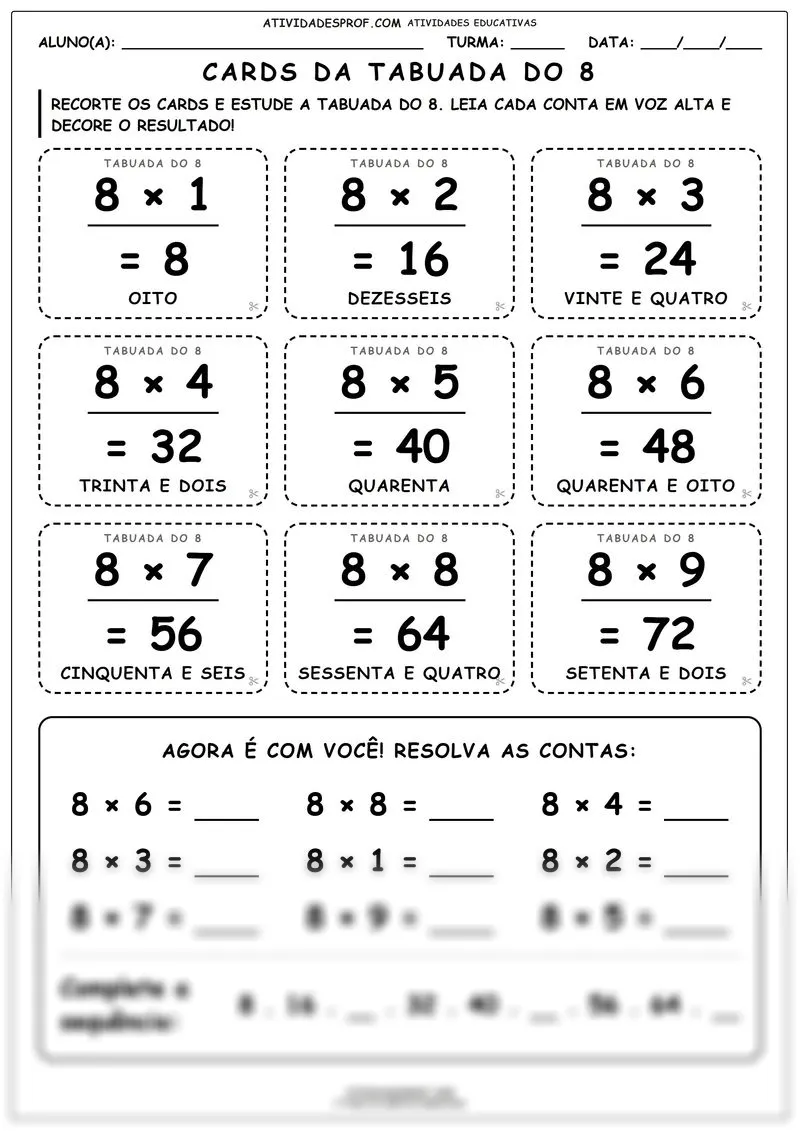 Cards da tabuada do 8