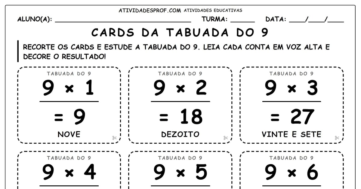 Cards da tabuada do 9