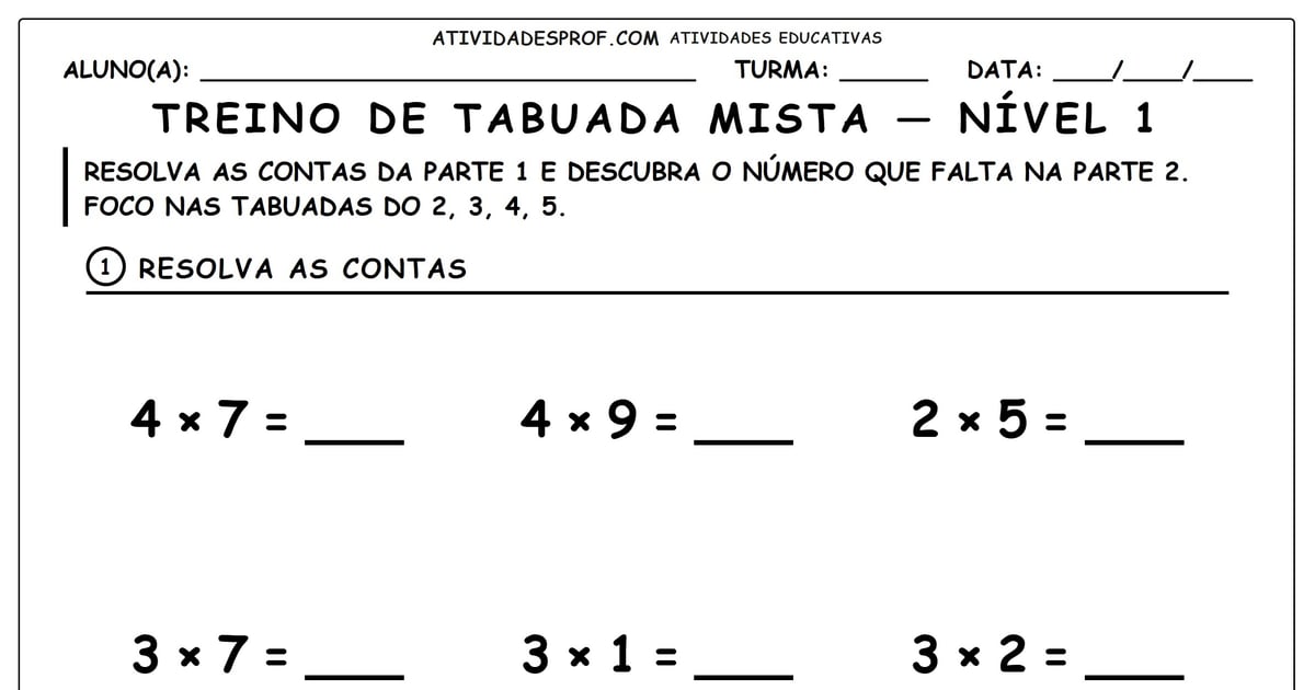 Treino de tabuada mista — nível 1