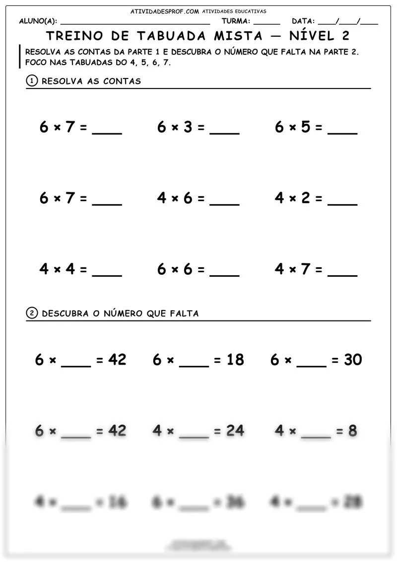 Treino de tabuada mista — nível 2