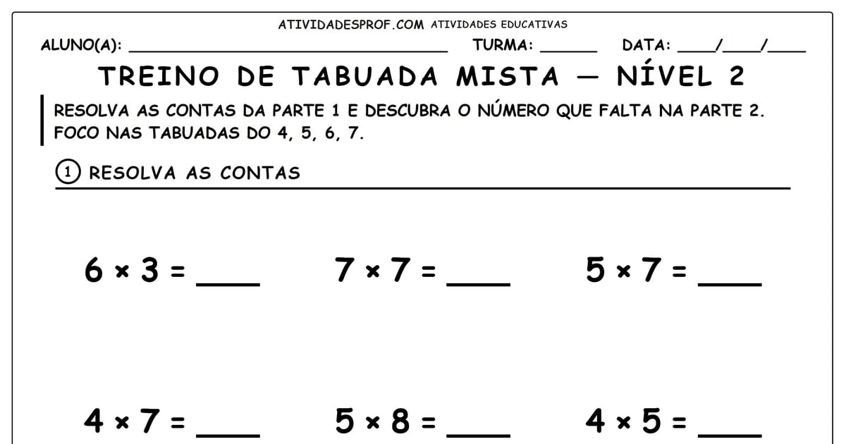 Treino de tabuada mista — nível 2