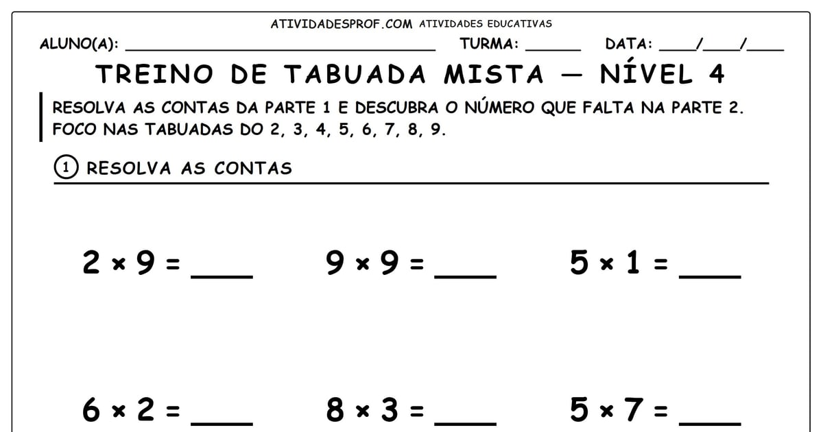 Treino de tabuada mista — nível 4