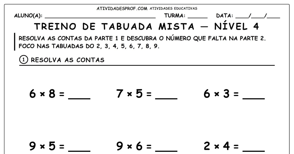 Treino de tabuada mista — nível 4