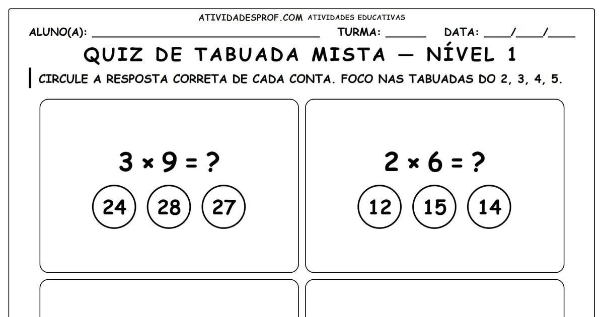 Quiz de tabuada mista — nível 1