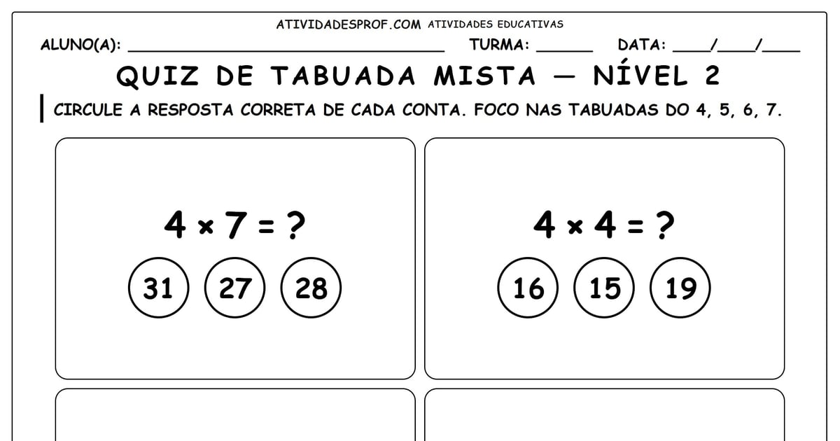 Quiz de tabuada mista — nível 2