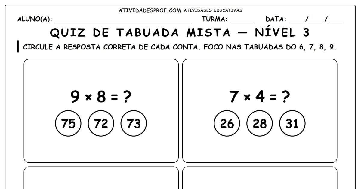 Quiz de tabuada mista — nível 3
