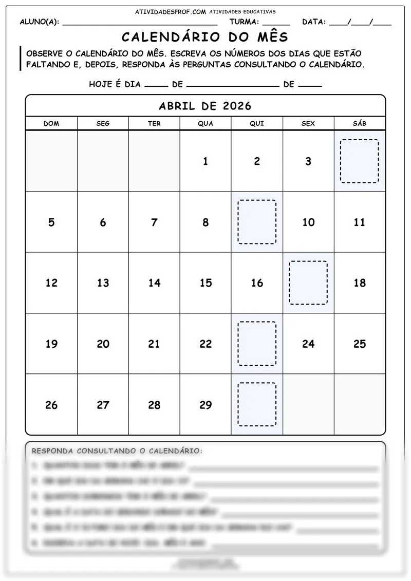 Calendário do mês