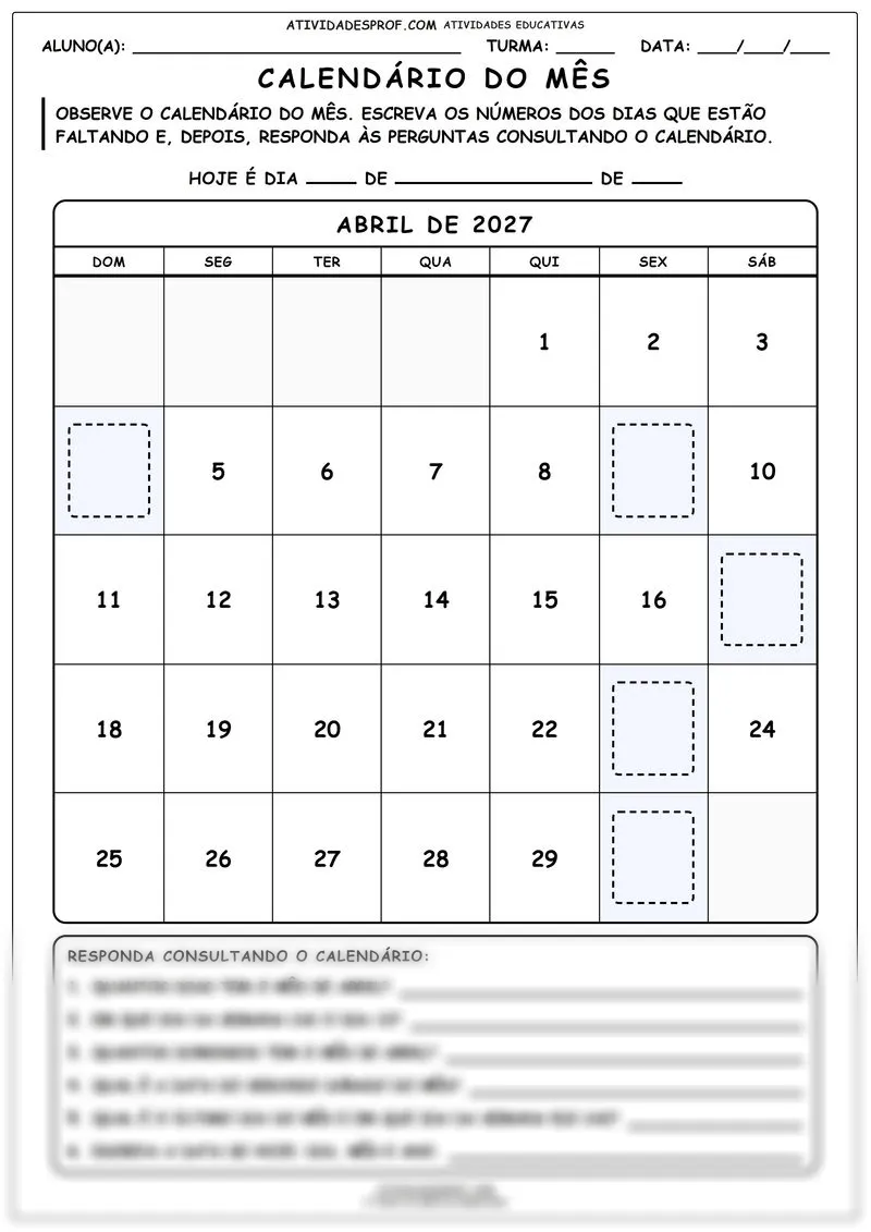 Calendário do mês
