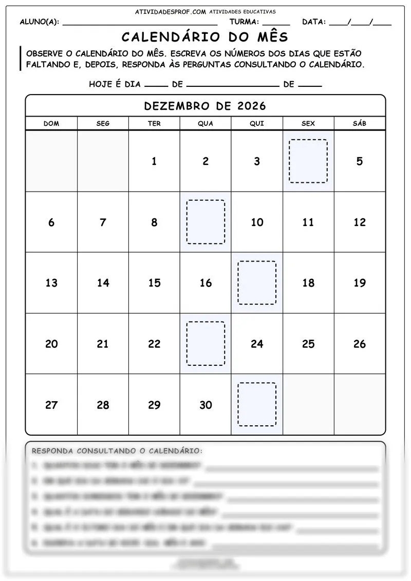 Calendário do mês