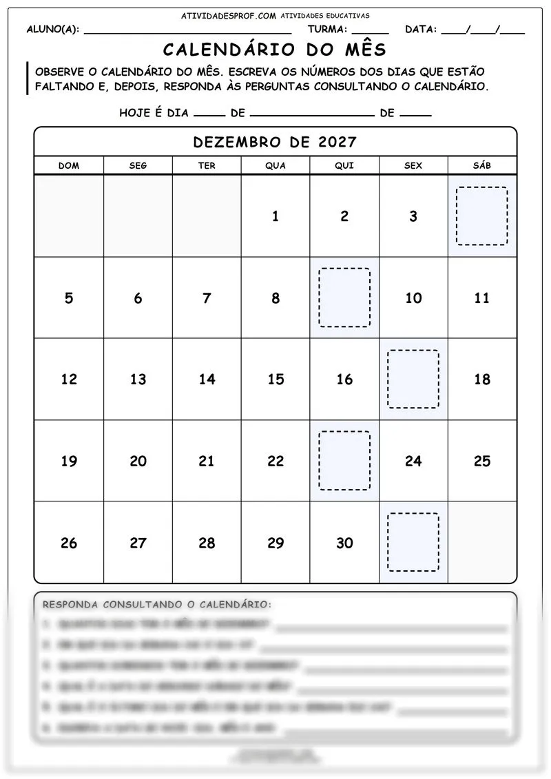 Calendário do mês