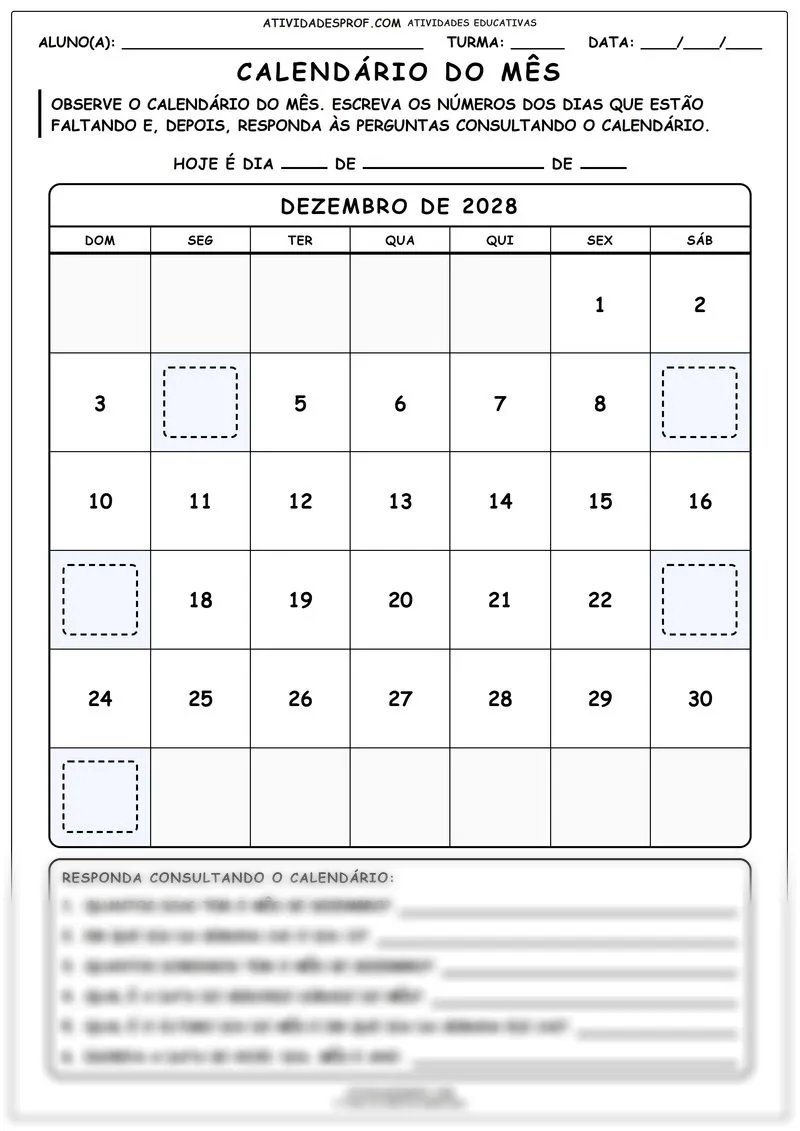 Calendário do mês
