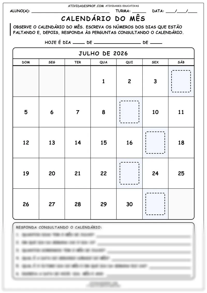 Calendário do mês