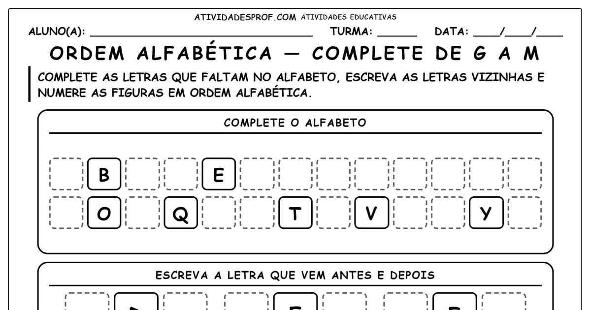 Ordem alfabética — complete de G a M