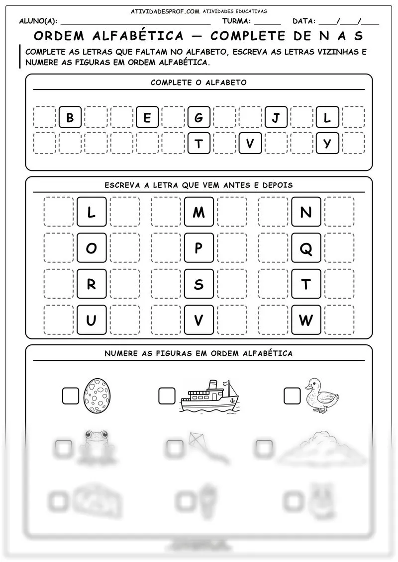 Ordem alfabética — complete de N a S