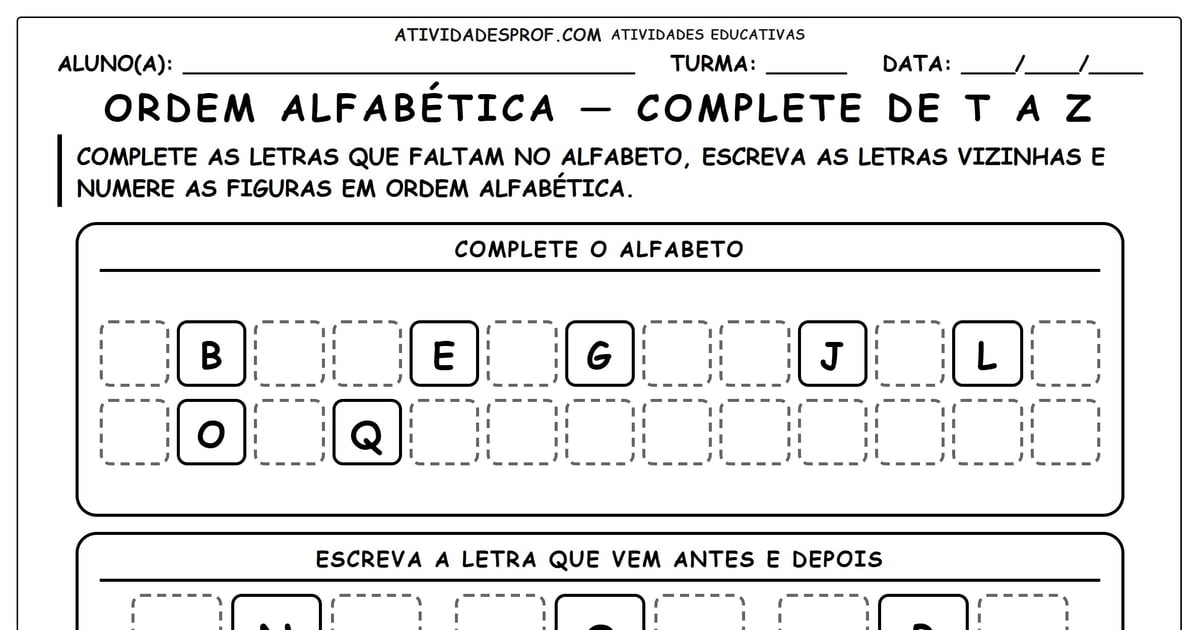 Ordem alfabética — complete de T a Z