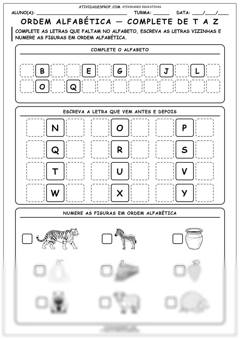 Ordem alfabética — complete de T a Z