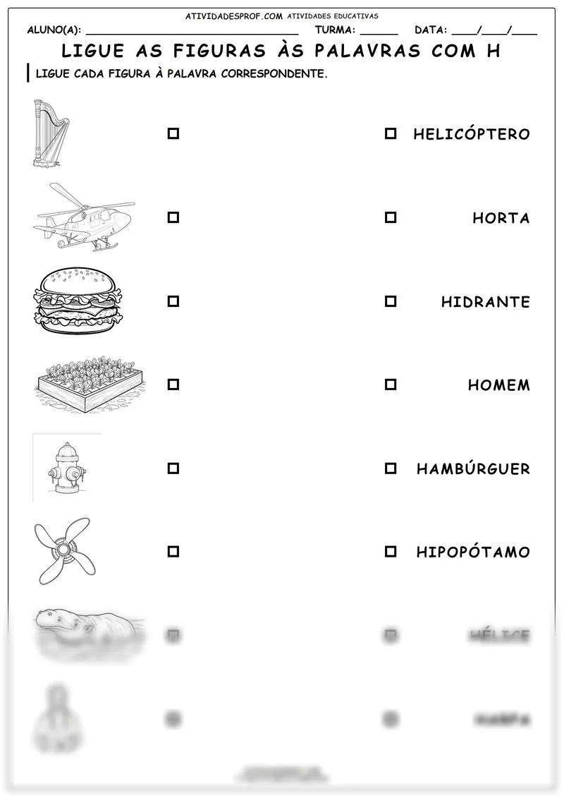 Ligue as figuras às palavras com H