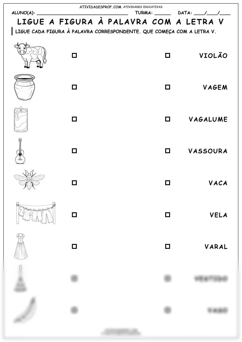 Ligue a figura à palavra com a letra V