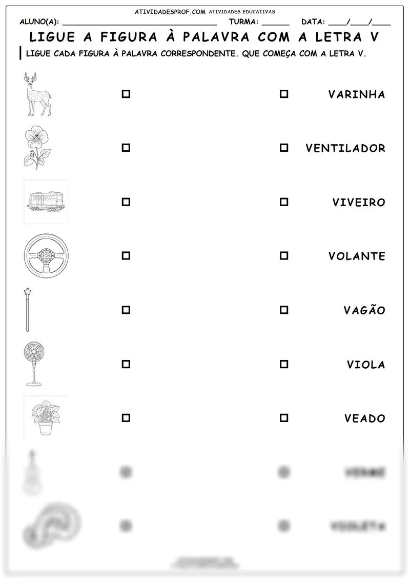 Ligue a figura à palavra com a letra V