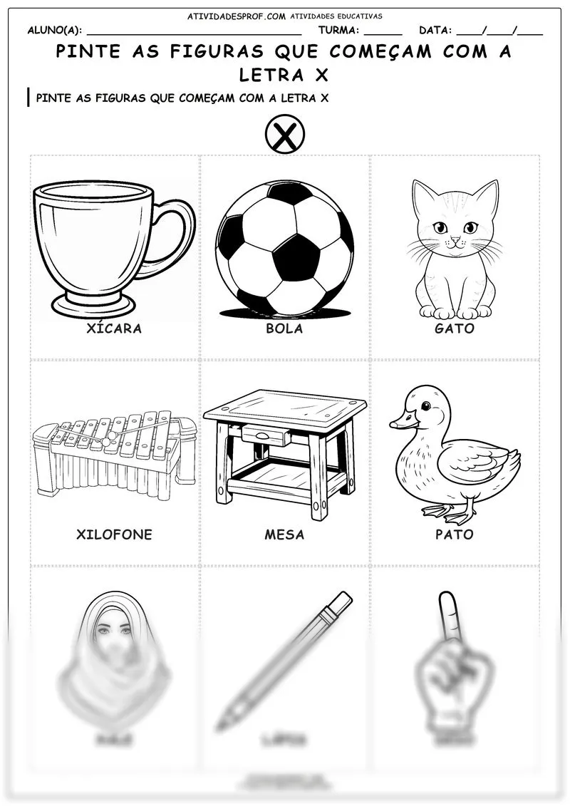 Pinte as figuras que começam com a letra X