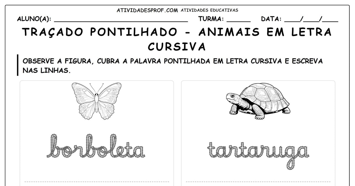 Traçado pontilhado - animais em letra cursiva