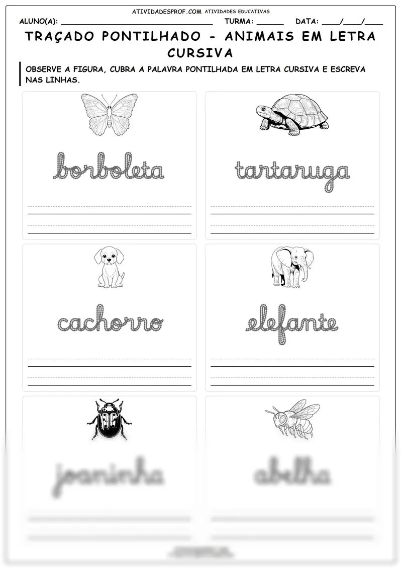 Traçado pontilhado - animais em letra cursiva