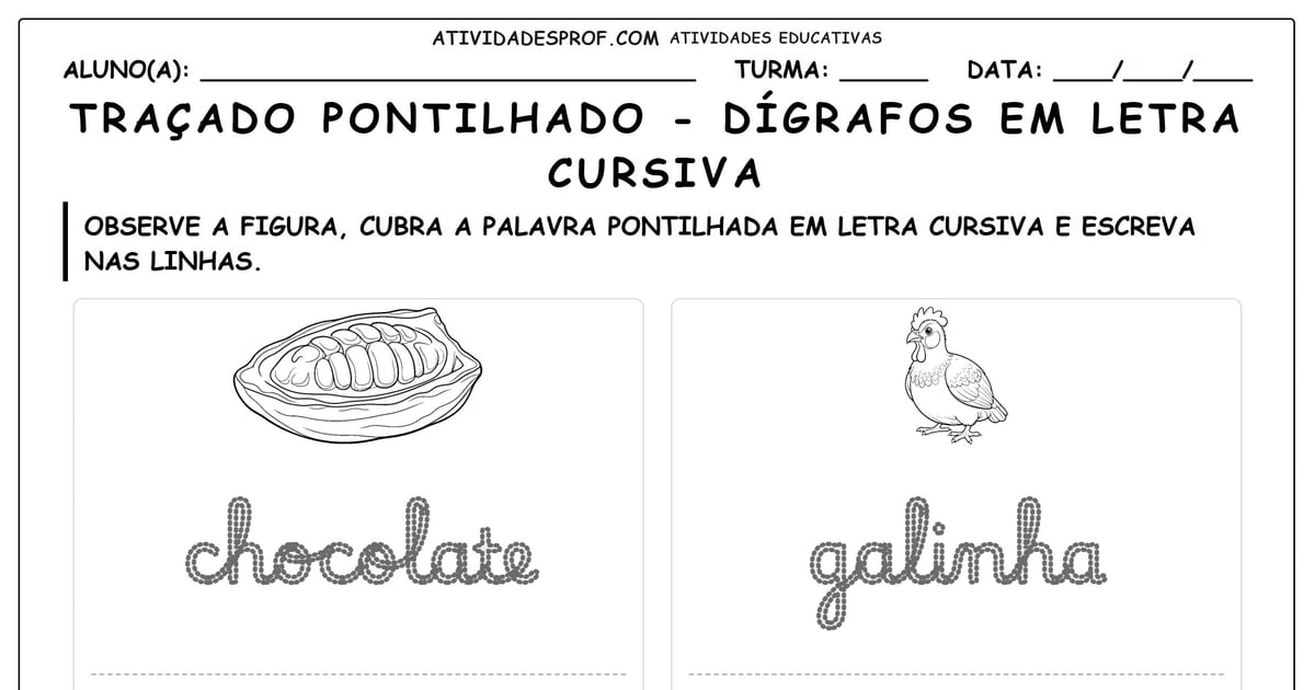 Traçado pontilhado - dígrafos em letra cursiva