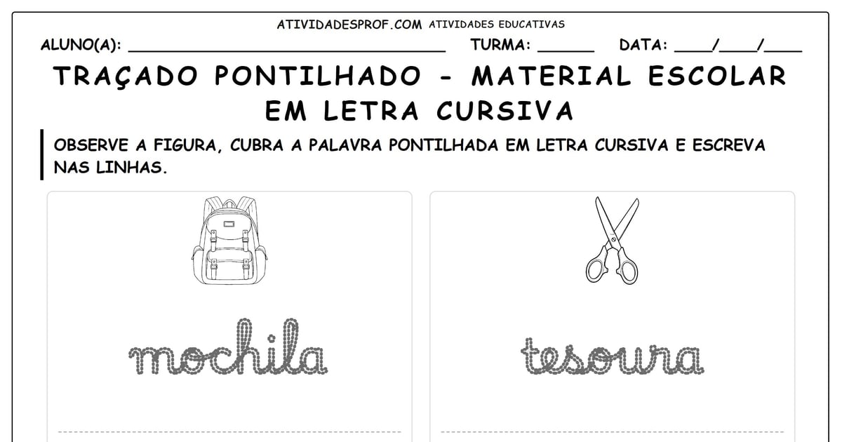 Traçado pontilhado - material escolar em letra cursiva