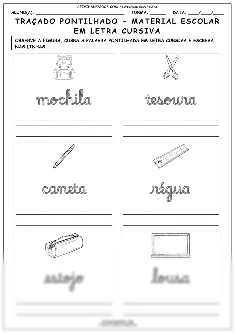 Traçado pontilhado - material escolar em letra cursiva